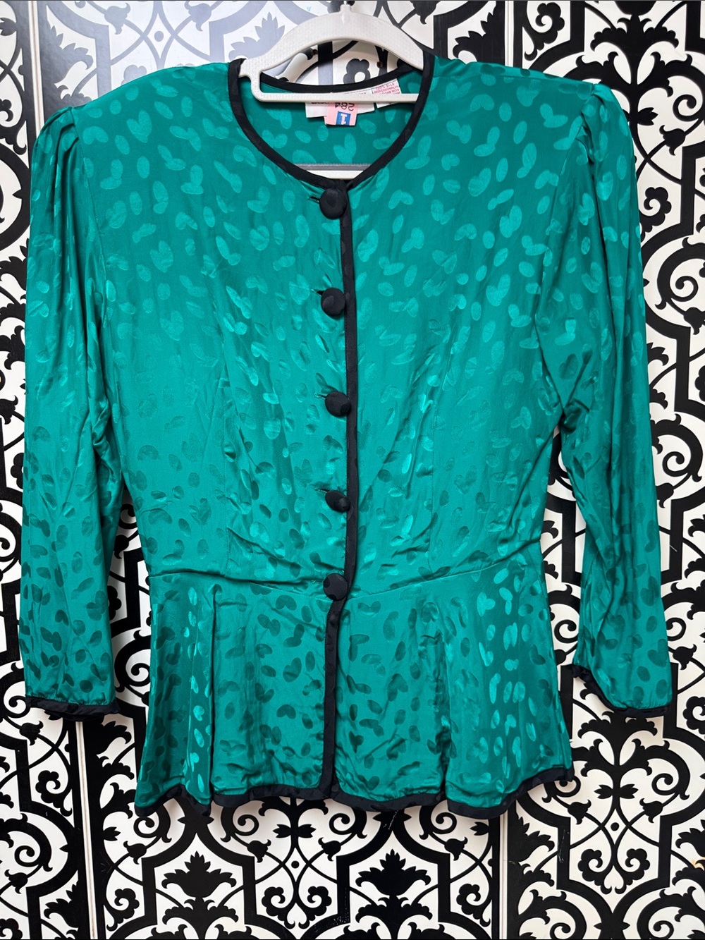 Vintage Emerald Green Satin Peplum Blouse with Contrast Trim